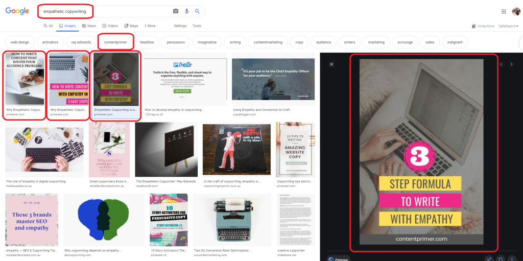 SEO techniques to rank on Google Image search for a high competition keyword like Empathetic Copywriting